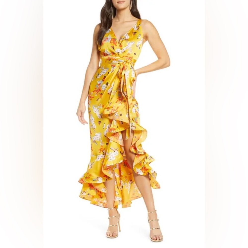 Bronx & Banco Narciss Yellow Silk Floral Printed Ruffled Slit Dress Size L NWOT